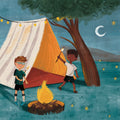 Illustration of two children by a campfire under a starry sky with a tent and tree. Illustration by Ashley Casalino. Written by Susie Doyle.