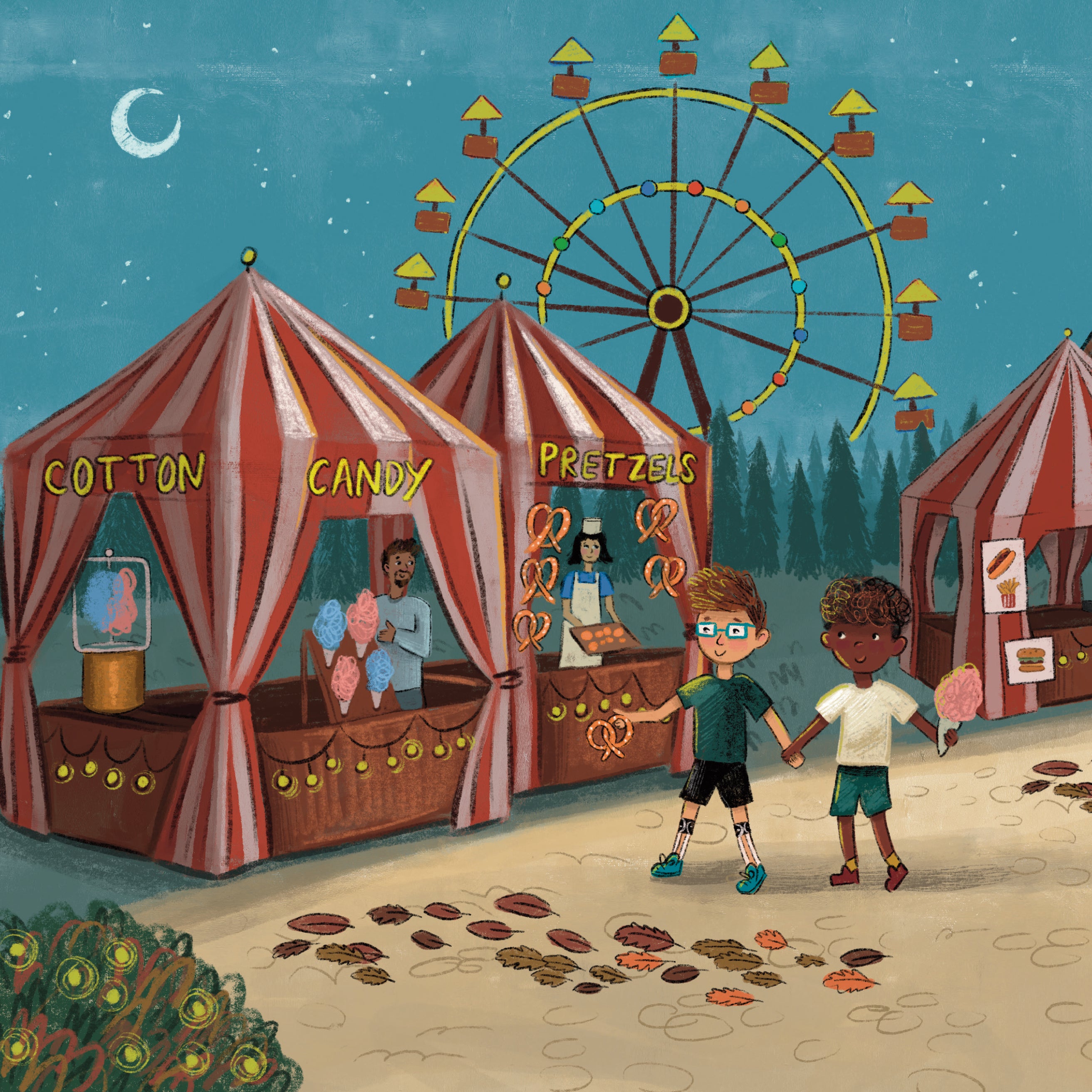 Illustration of two children holding hands at a carnival with cotton candy and pretzel stands.